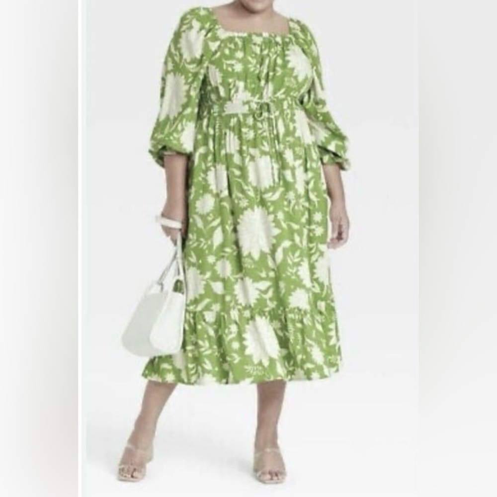 🌱🍃Ava & Viv Women Prairie Boho Green Floral Smock Maxi Dress Size X🌱🍃